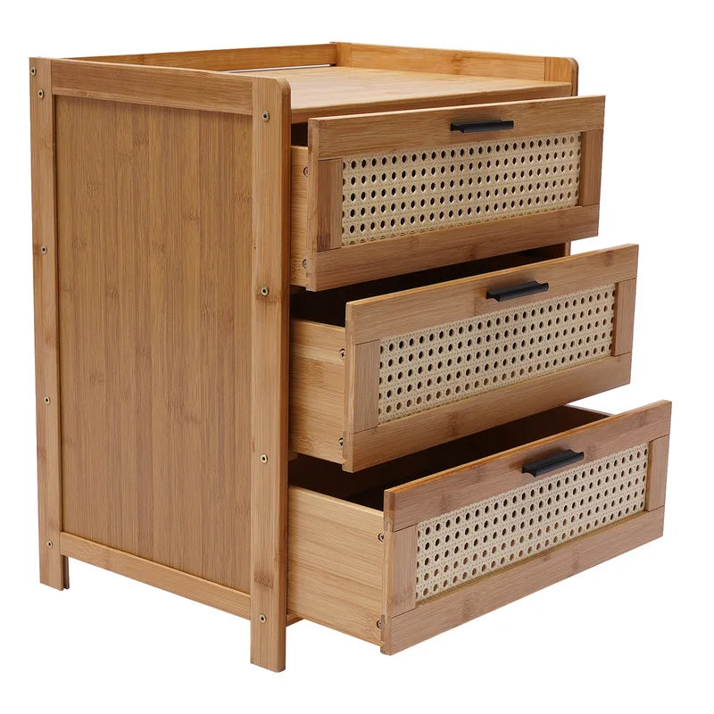 Bamboo Bedside Table Three Drawer Nightstand Storage Cabinet