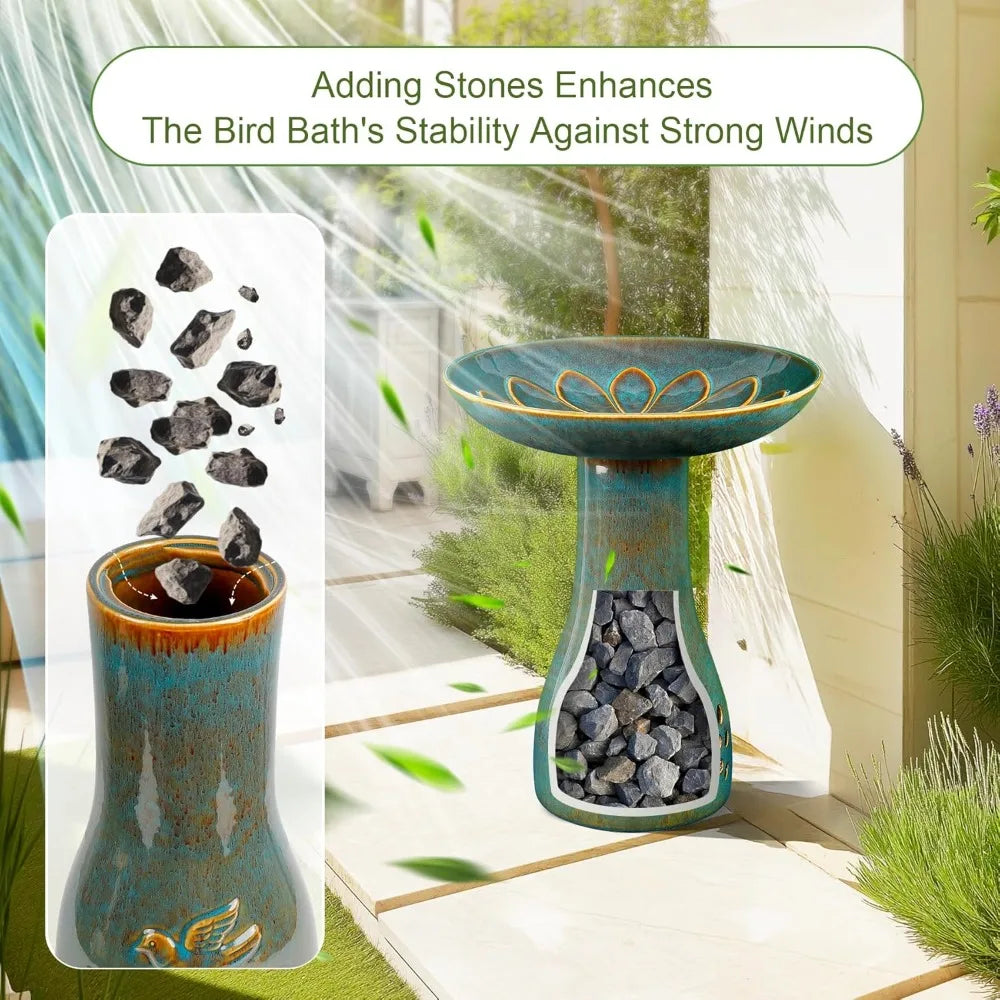 Ceramic Bird Bath Outdoor Weather Resistant Garden Decor Attracts Birds