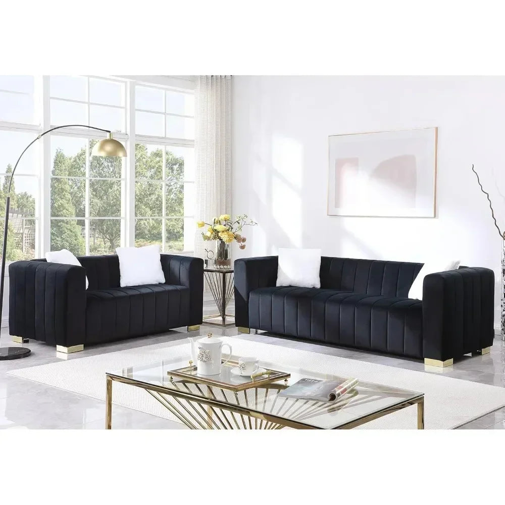 Modern Velvet Channel Tufted Two-Piece Sofa Set with Loveseat