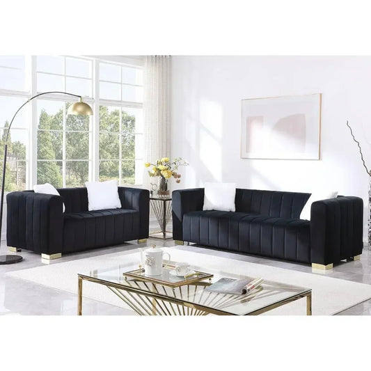 Modern Velvet Channel Tufted Two-Piece Sofa Set with Loveseat