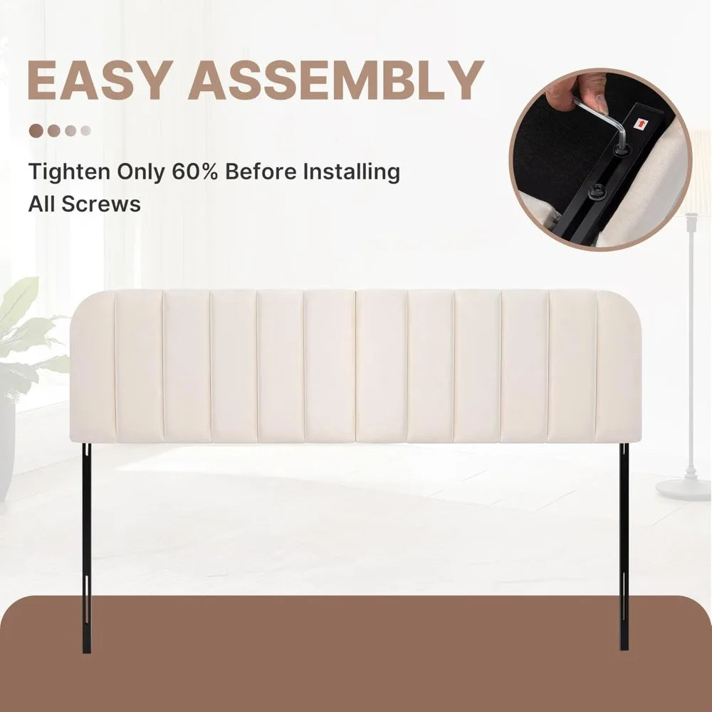 Upholstered Striped Headboard Bed Frame With Adjustable Height Metal Legs