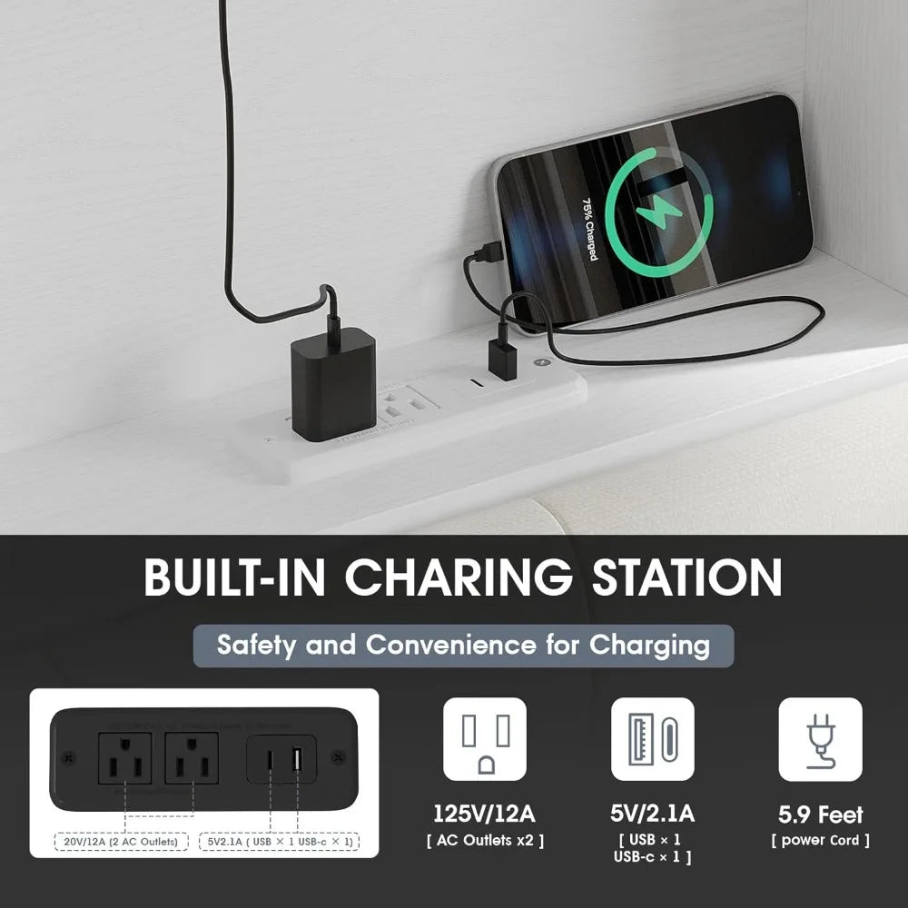 Headboard With Storage And Two Drawers, LED Lights, Upholstered