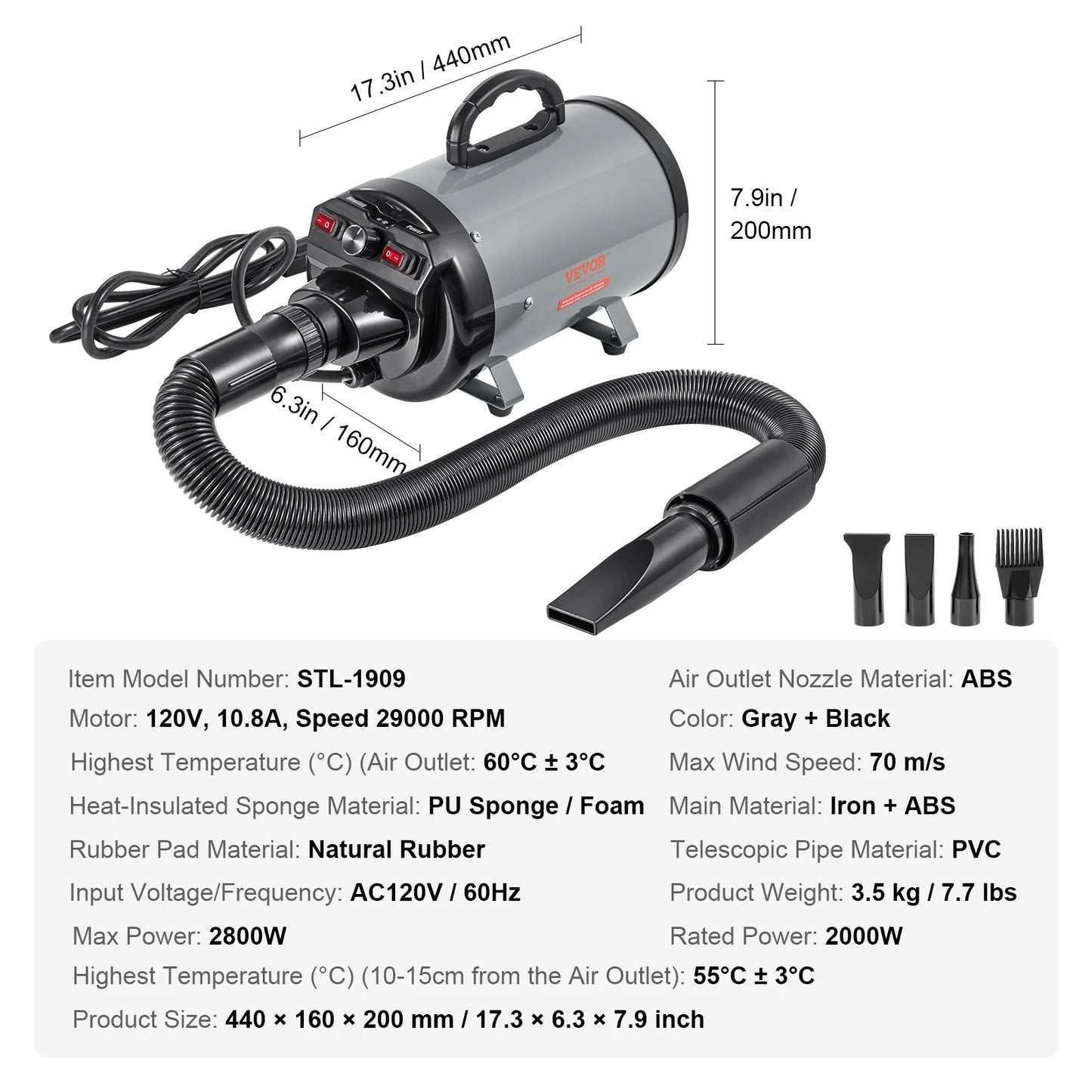 SucceBuy 2000W Dog Blow Dryer Adjustable Speed And Temperature Control