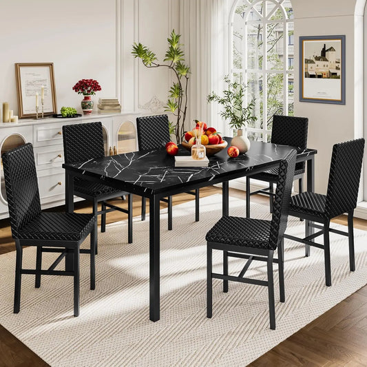 Faux Marble Dining Table Set With PU Leather Chairs