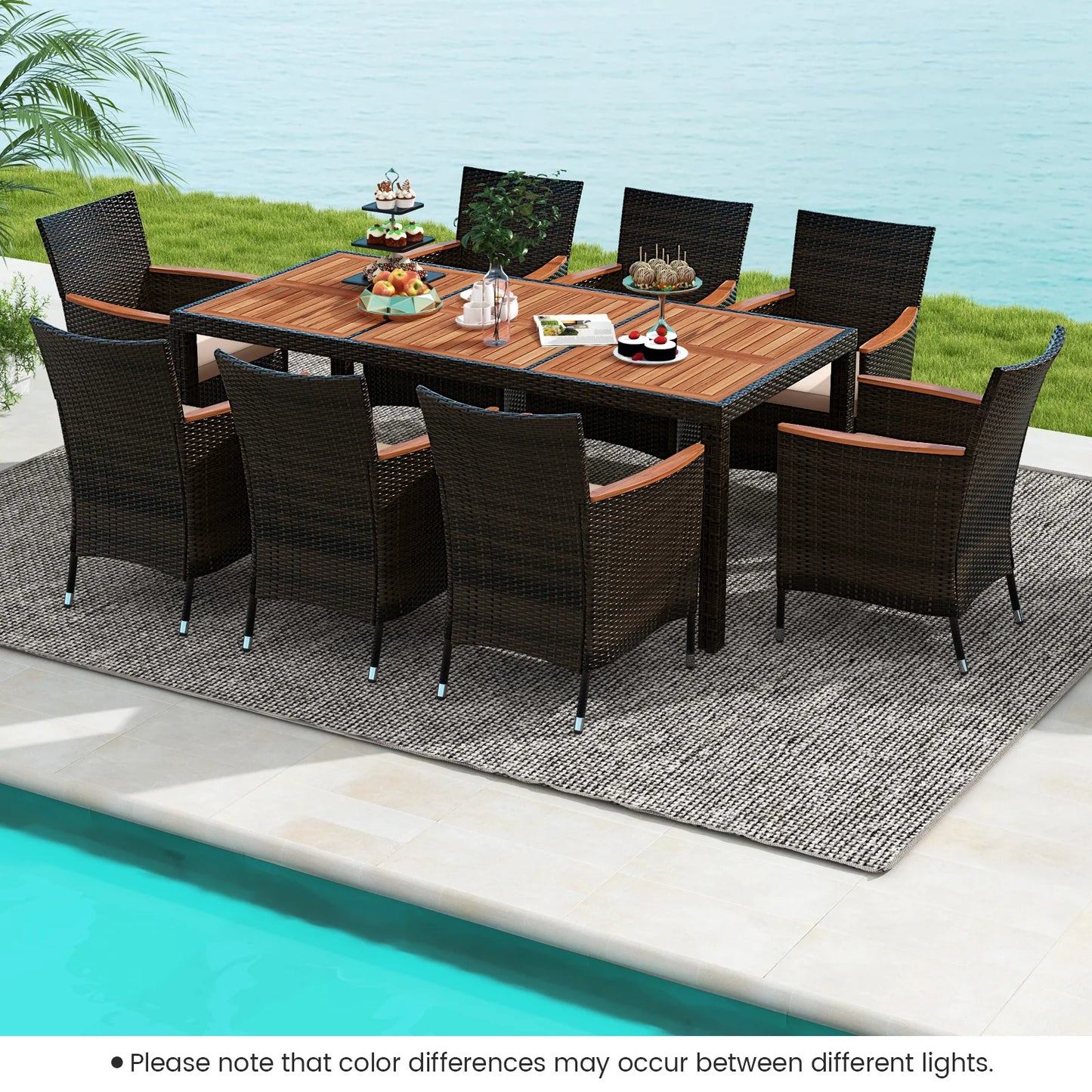 HOMASIS 9 Piece Patio Wicker Dining Set With Acacia Table