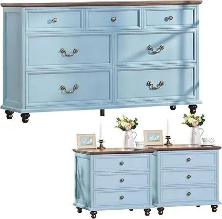MKDK Farmhouse Dresser And Nightstand Set 3 Piece Collection