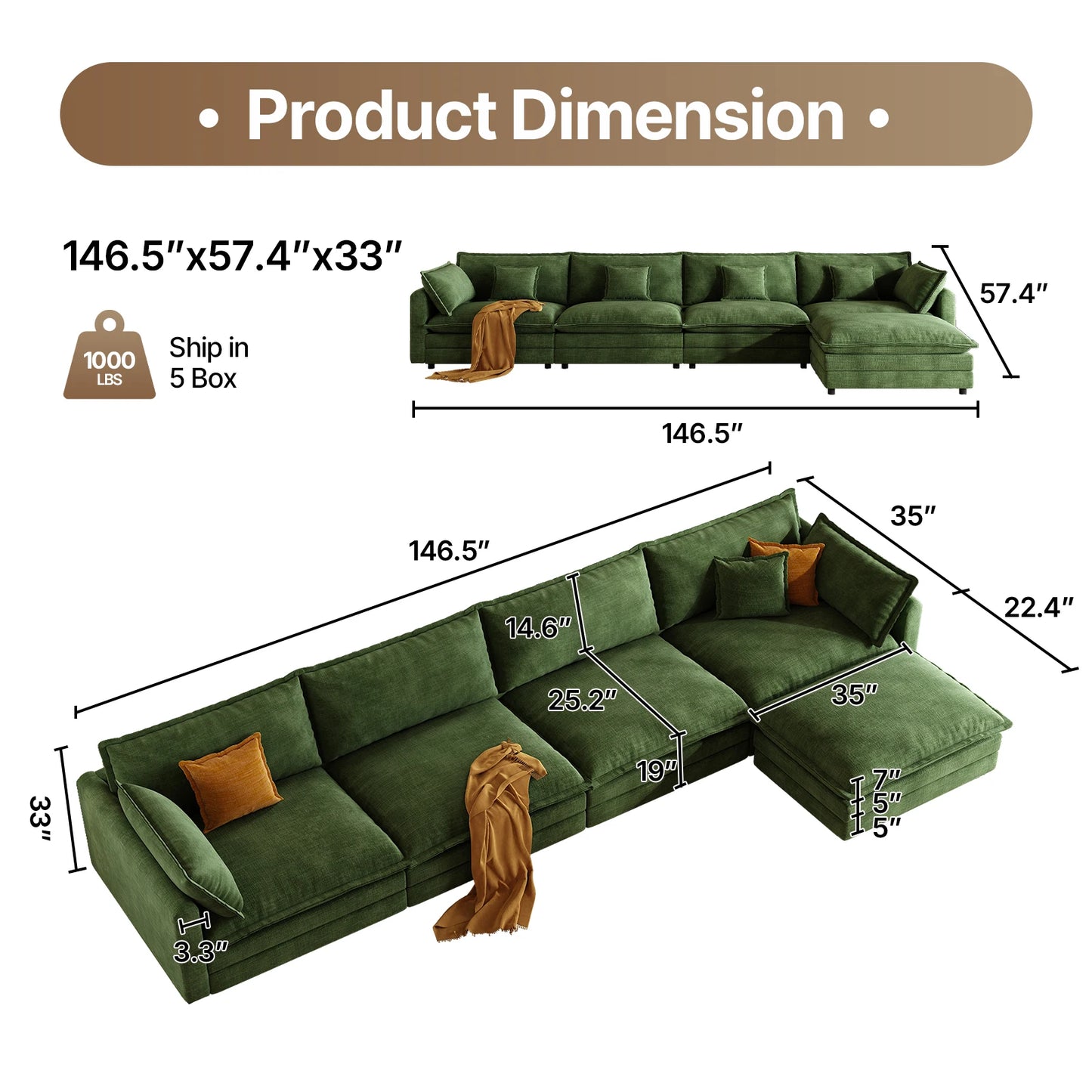 QWCCN L Shaped Modern Sofa Modular Sectional Couch With Ottoman