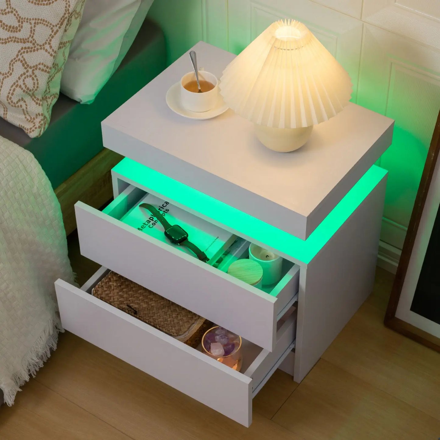 Cubehom LED Nightstands With 2 Drawers Modern Bedroom End Table