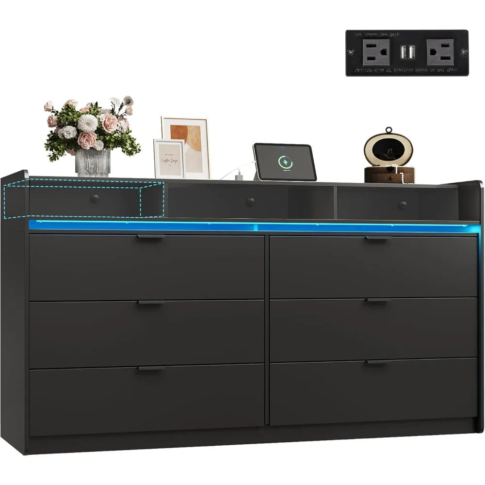 Nine-Drawer LED Dresser With Power Outlets For Bedroom