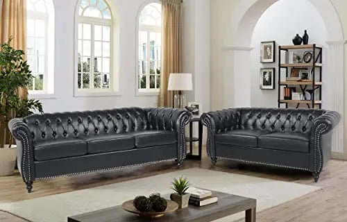 Modern Tufted Faux Leather Living Room Sofa Set With Button Nailhead Scroll Arms