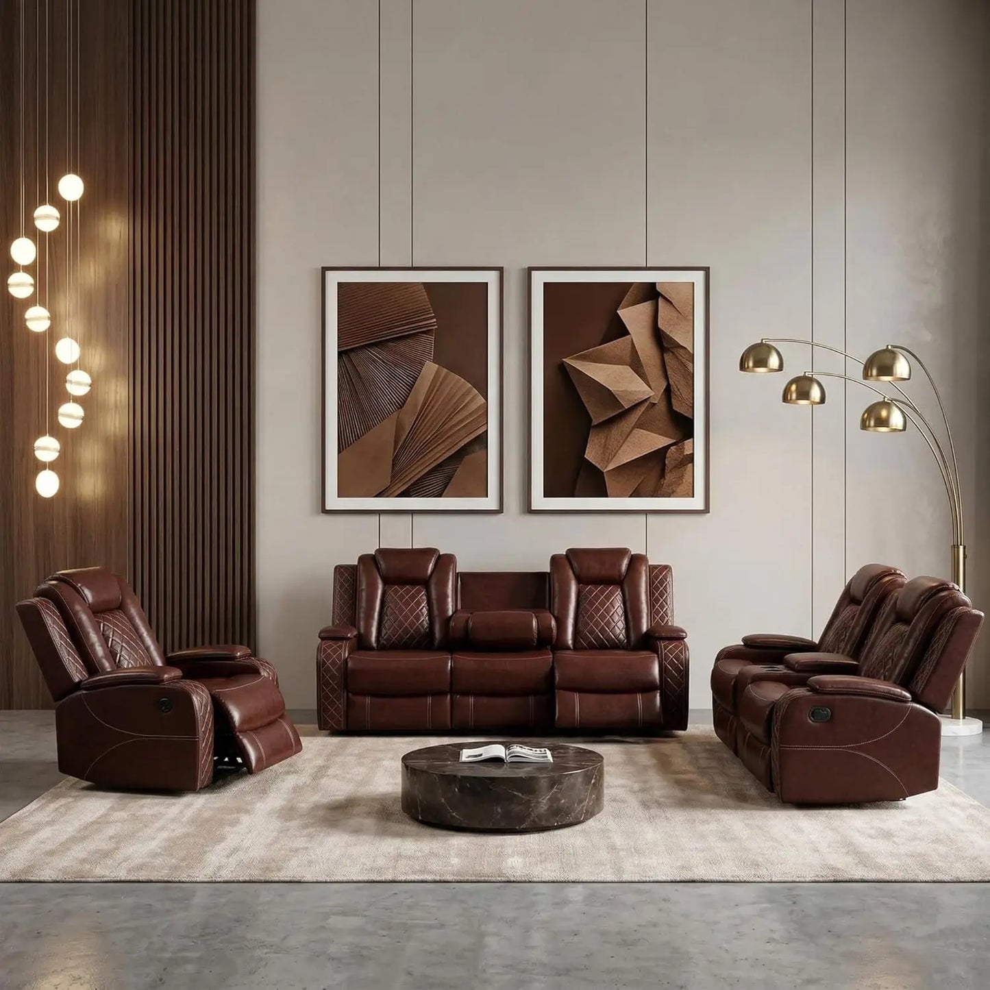 Power Recliner Leather Sofa Set With LED And USB Charging