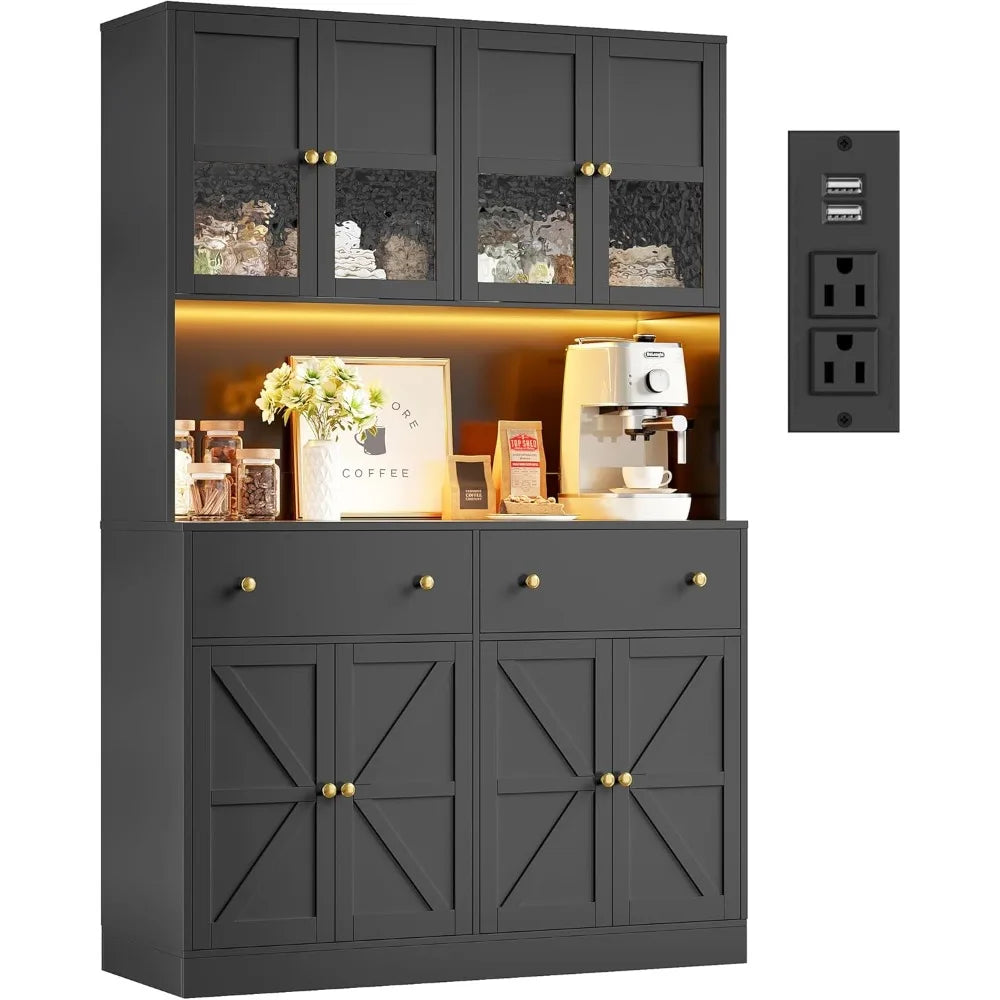 Pantry Cabinet With LED Lighting And Charging Station Microwave Mount