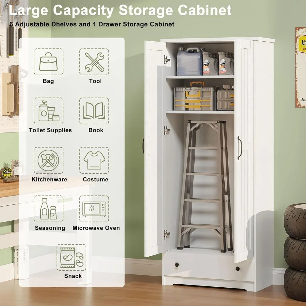 Tall Wooden Storage Pantry Cabinet With Adjustable Shelves And Drawer