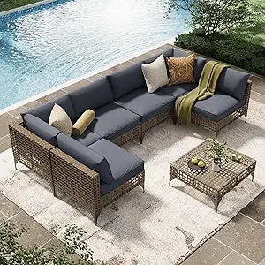 7 Piece Outdoor Patio Furniture Set PE Rattan Wicker With Cushions And Tea Table