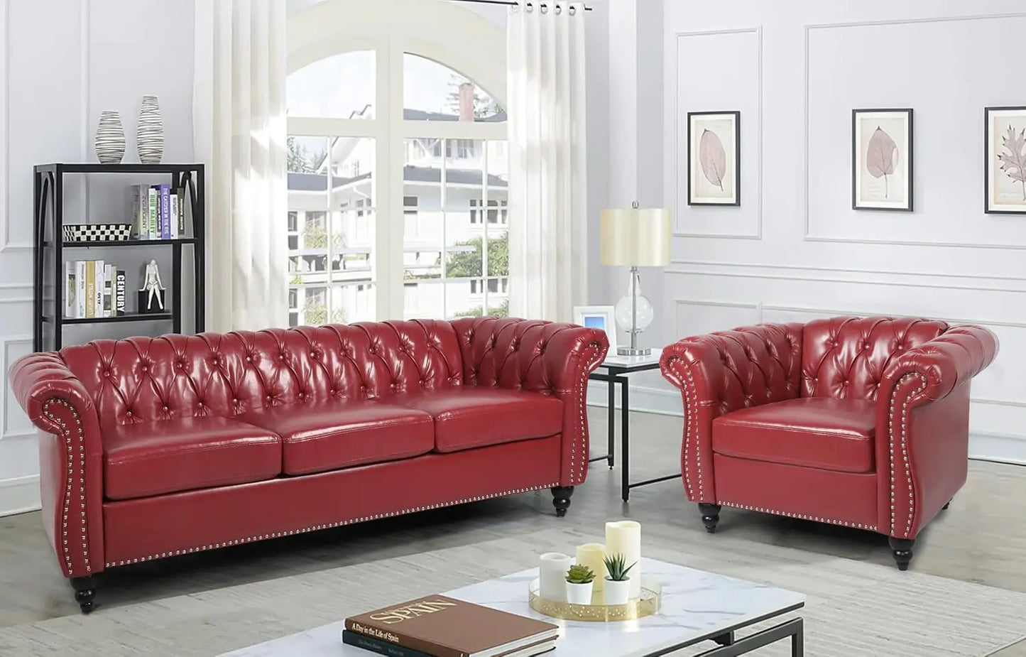 Modern Tufted Faux Leather Living Room Sofa Set With Button Nailhead Scroll Arms