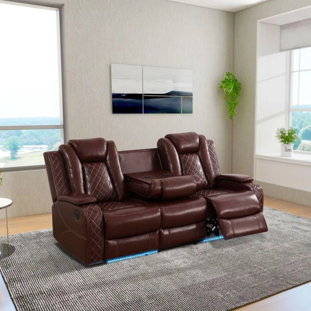 Power Recliner Leather Sofa Set With LED And USB Charging