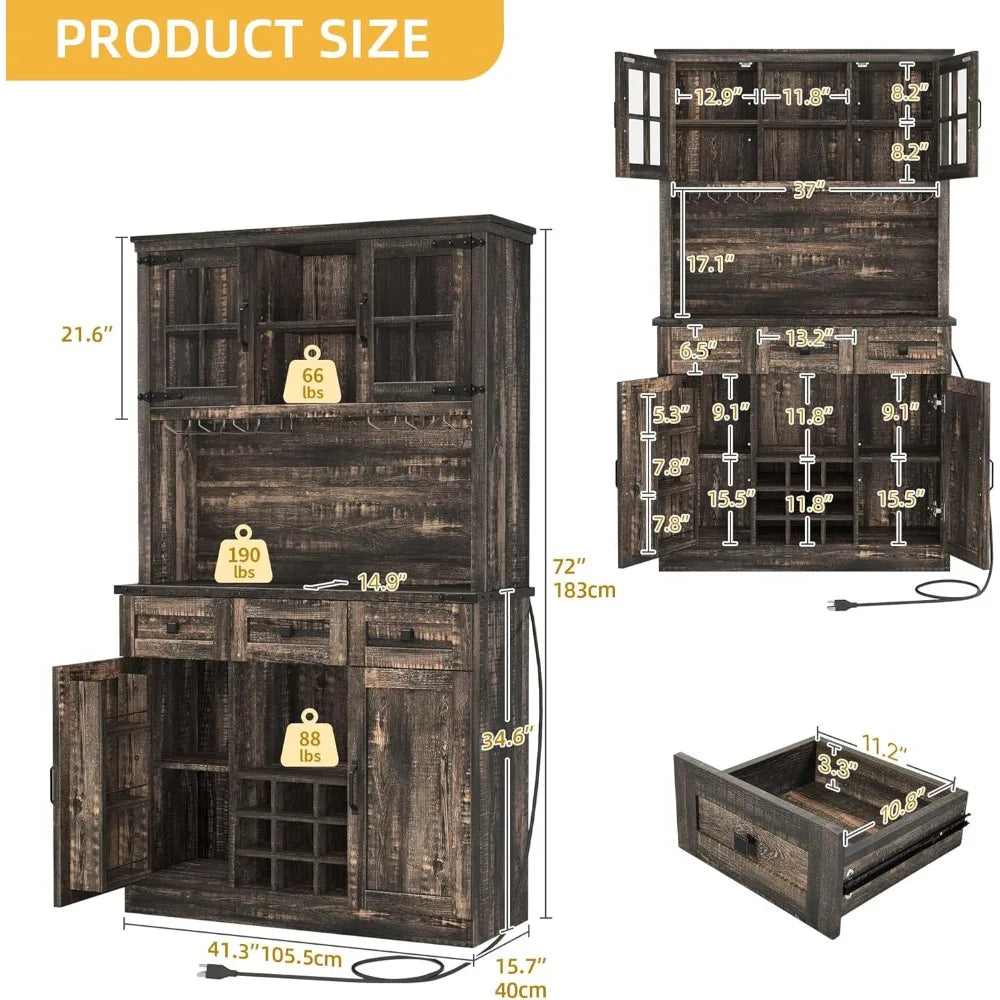Farmhouse Coffee Bar Cabinet With Power Outlet And Led Lights