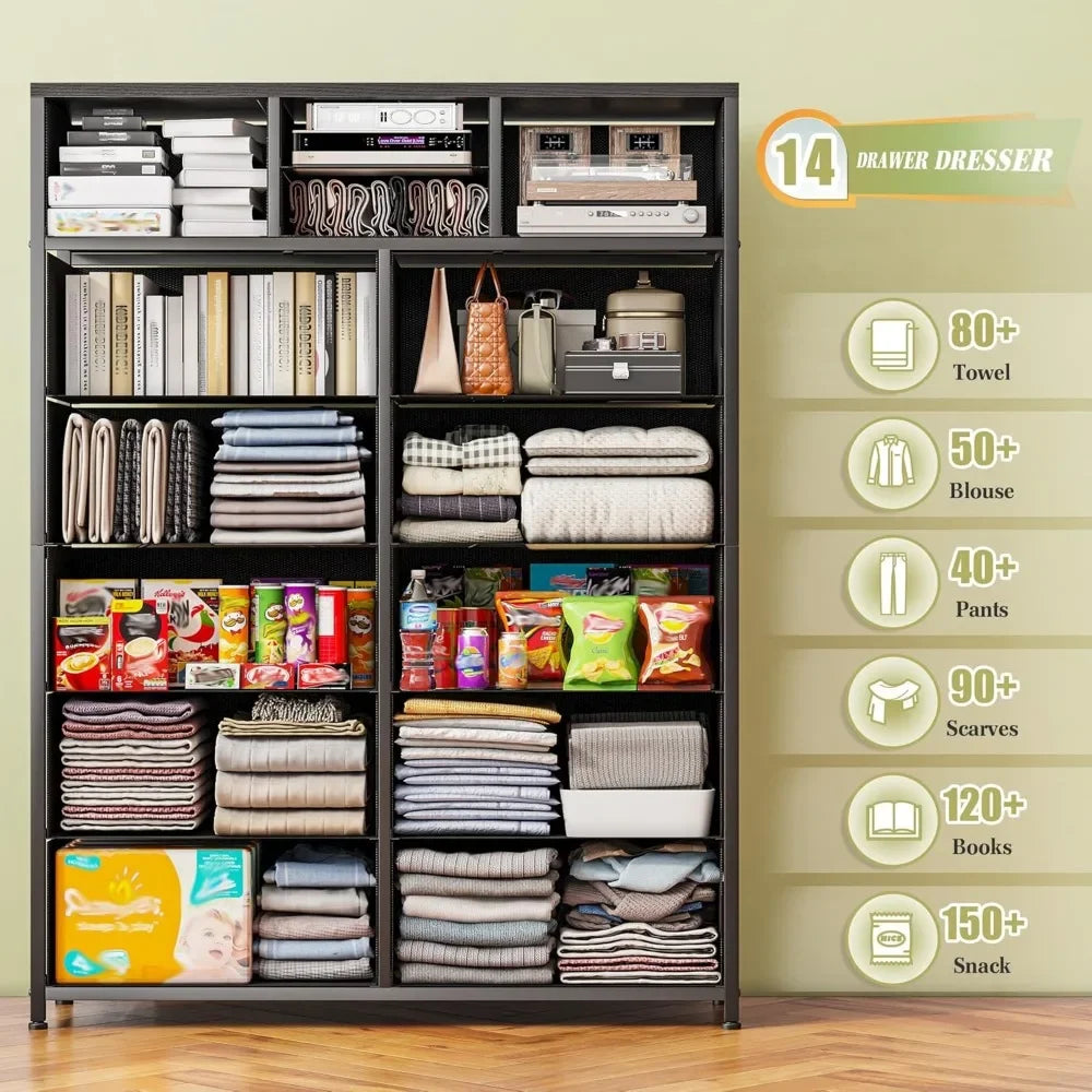 YQXH Tall Dresser With 14 Drawers Metal Frame Wood Top