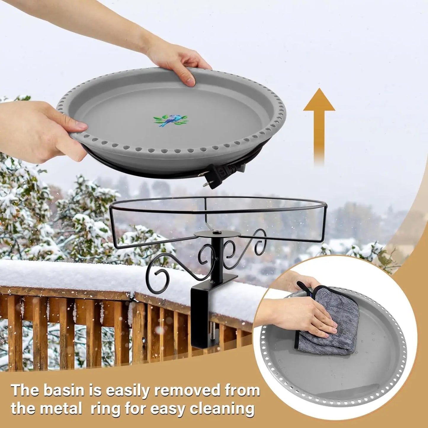 100W Thermostatically Heated Bird Bath for Outdoor Deck Railing