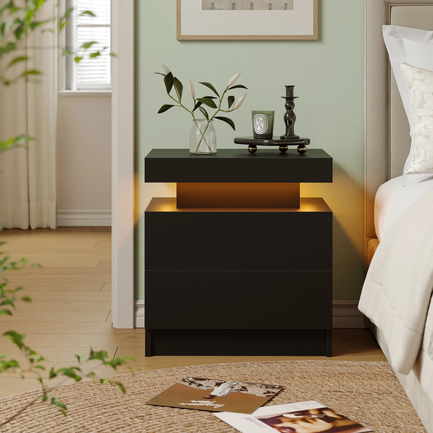 Cubehom LED Nightstands With 2 Drawers Modern Bedroom End Table