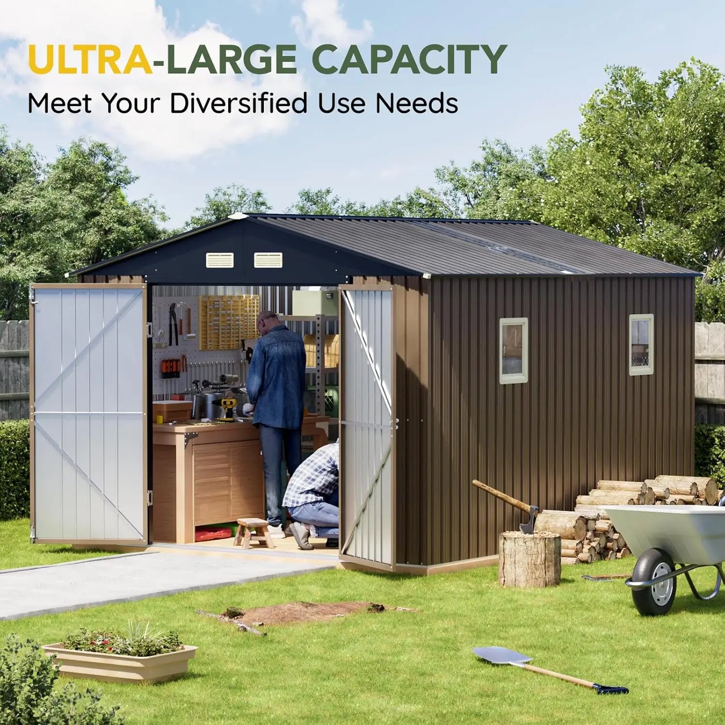 Metal Outdoor Storage Shed With Lockable Doors And Windows