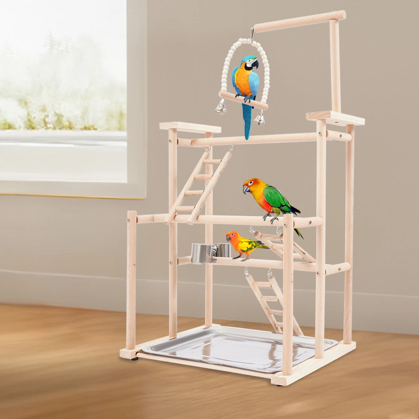 NONECN 3 Tier Parrot Rack Wood Bird Stand For Small To Medium Birds