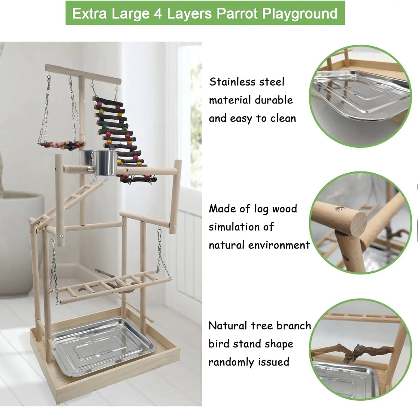 Wooden 4 Layer Bird Playground Perch Gym For Parrots And Medium Birds