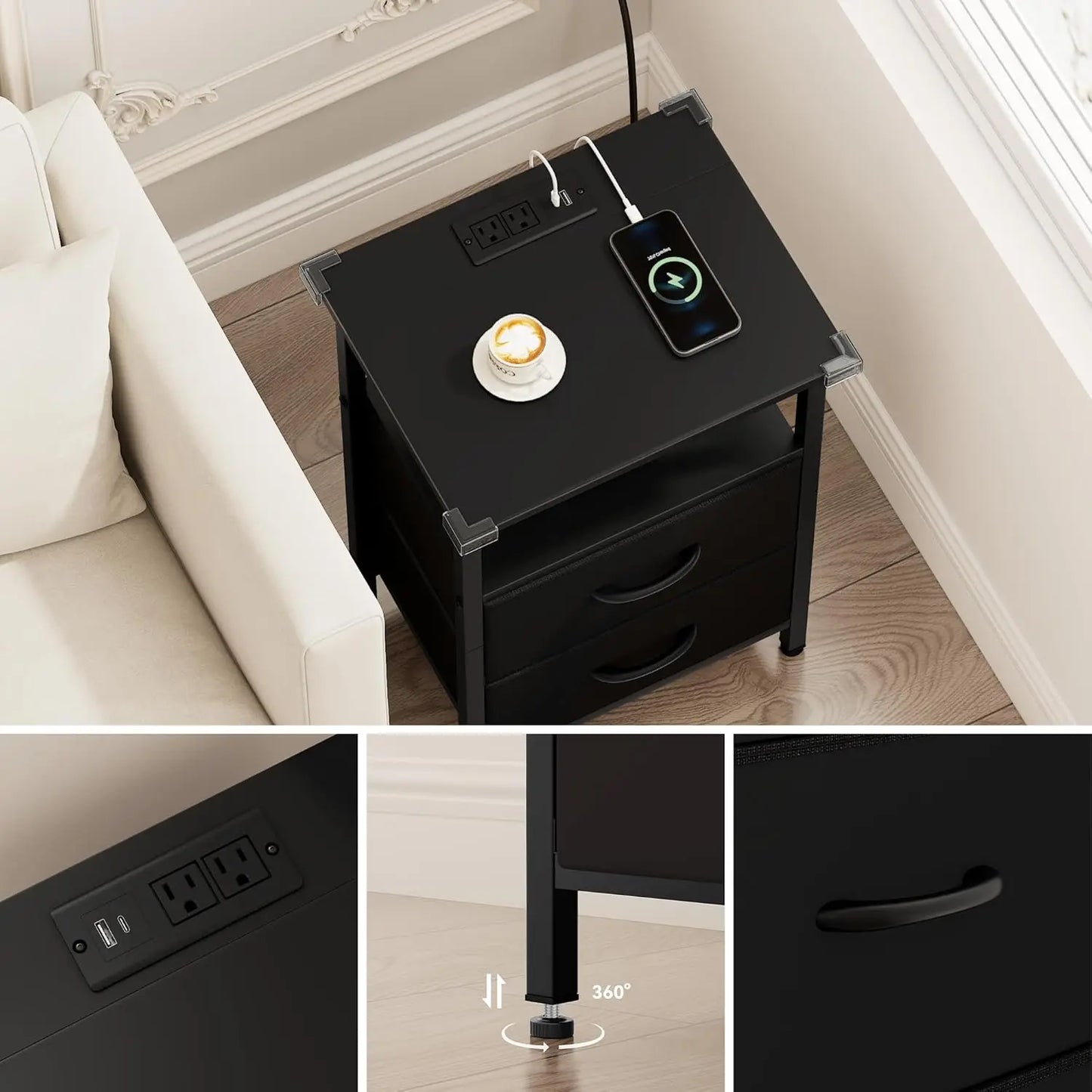 2-Piece Nightstand Set With LED Lights And USB Charging Station