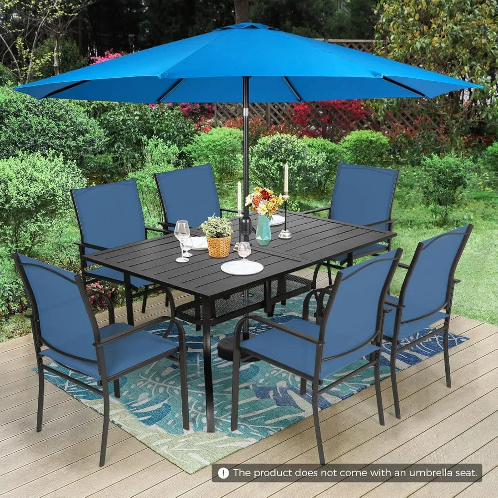 8 Piece Patio Dining Set With Umbrella And Textilene Chairs