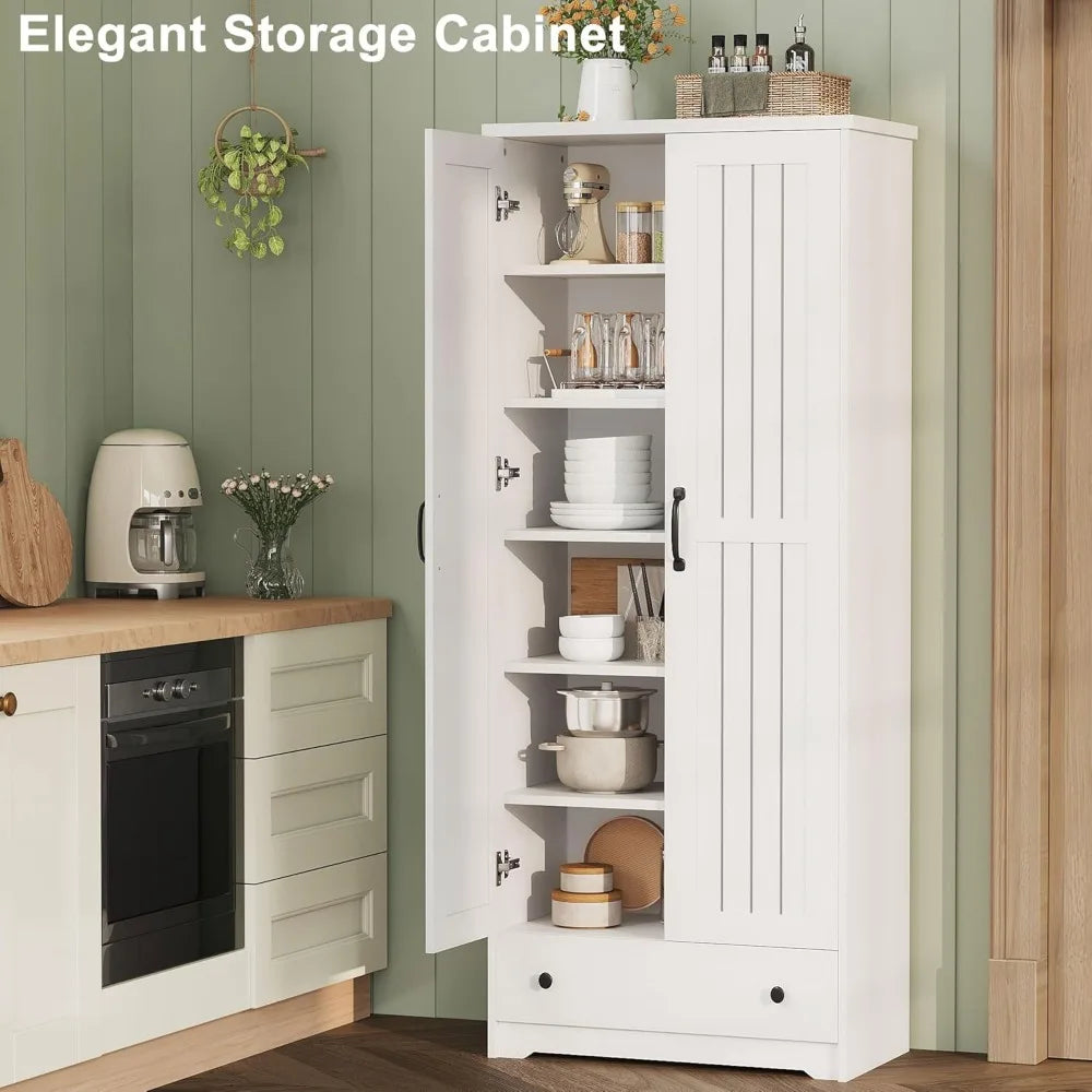Tall Wooden Storage Pantry Cabinet With Adjustable Shelves And Drawer