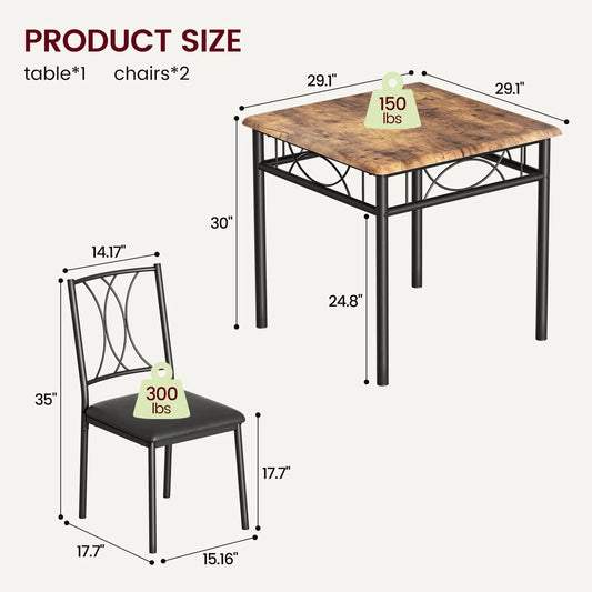 HiMISS 3 Piece Wood Dining Table Set For Two Chairs
