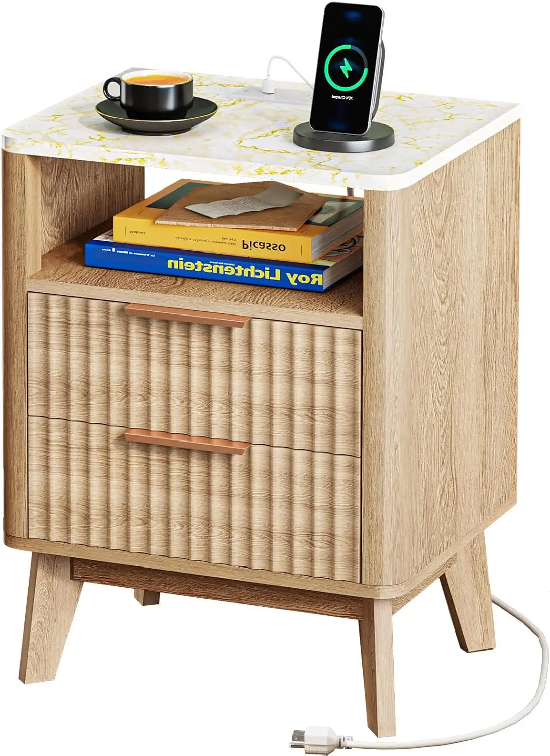 XMSJ Fluted Nightstand With Charging Station Bedside Table