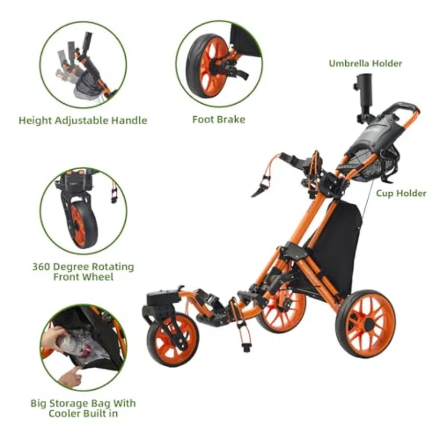 SHXI Golf Push Cart Aluminum Alloy One Click Fold 360 Swivel Front Wheel
