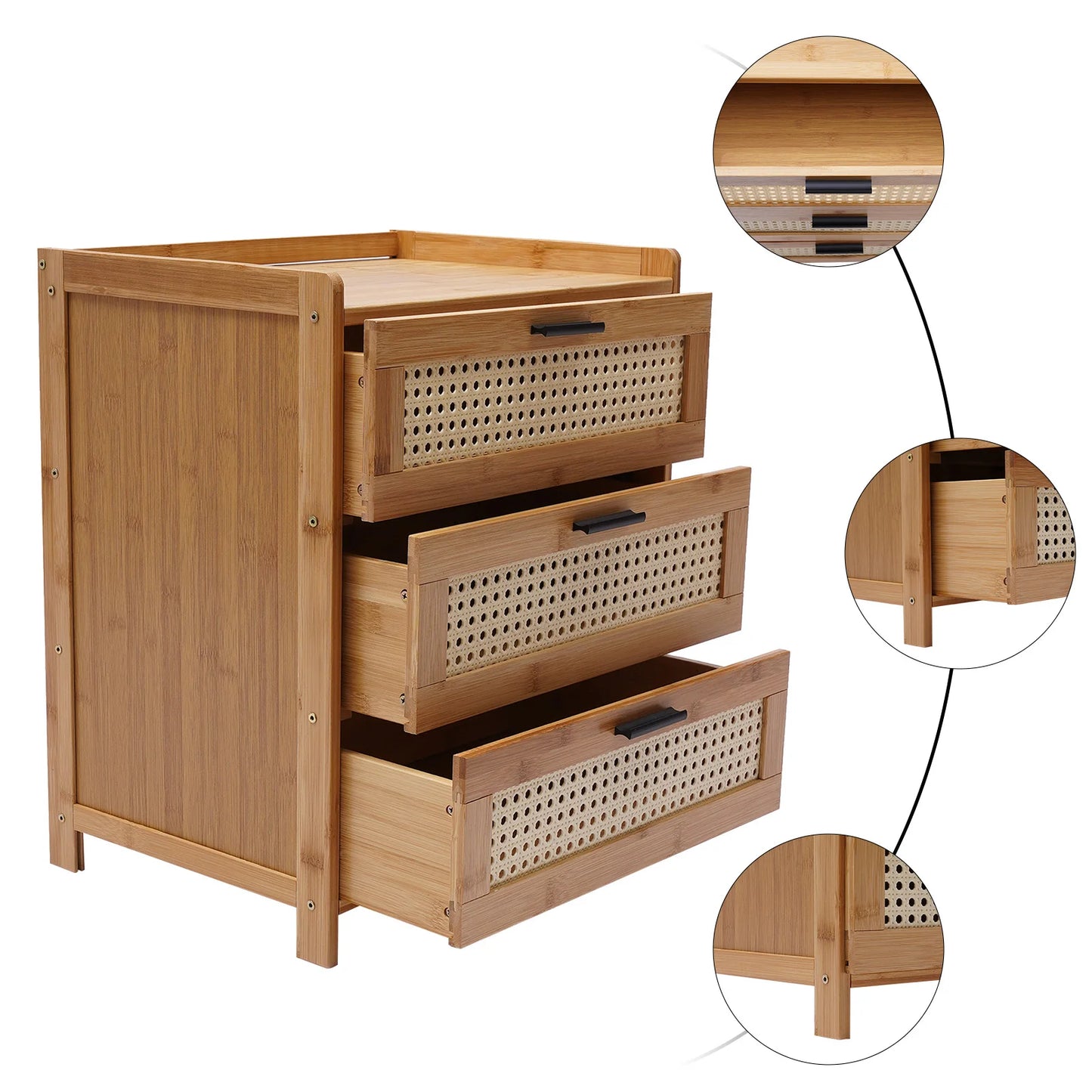 Bamboo Bedside Table Three Drawer Nightstand Storage Cabinet