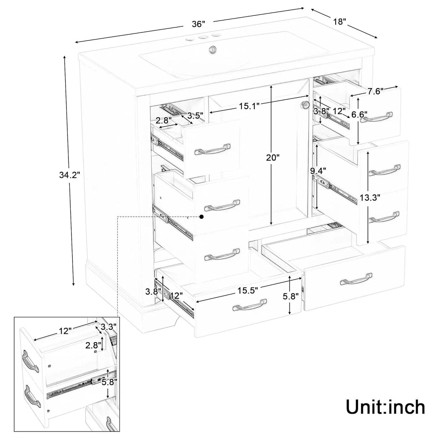 Bathroom Vanity Cabinet With Sink Six Drawers Soft Close Doors