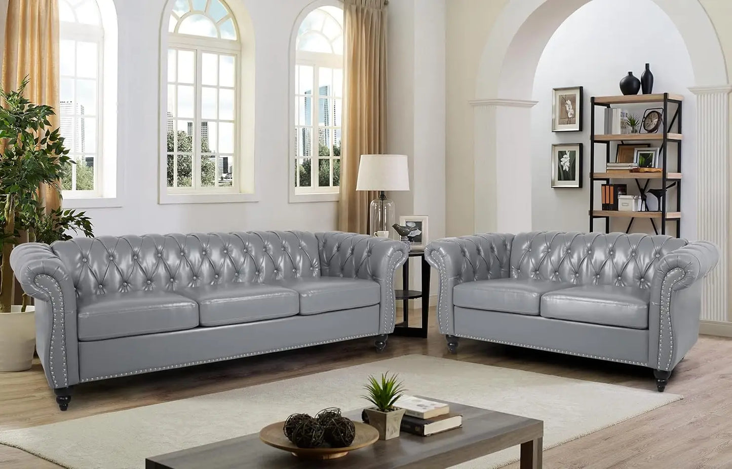 Modern Tufted Faux Leather Living Room Sofa Set With Button Nailhead Scroll Arms
