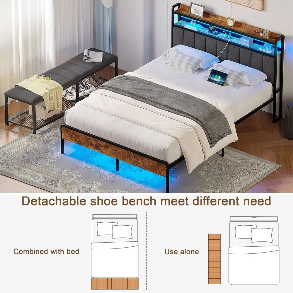 Bed Frame With LED Lights, Storage And USB Charging