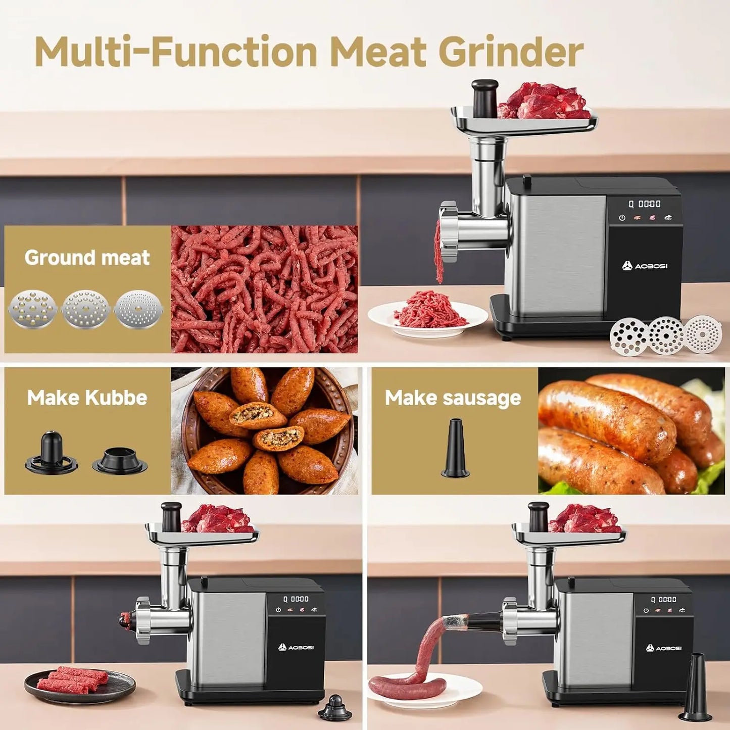 Electric Meat Grinder Touch Screen Auto Reverse 3 Speeds Stainless