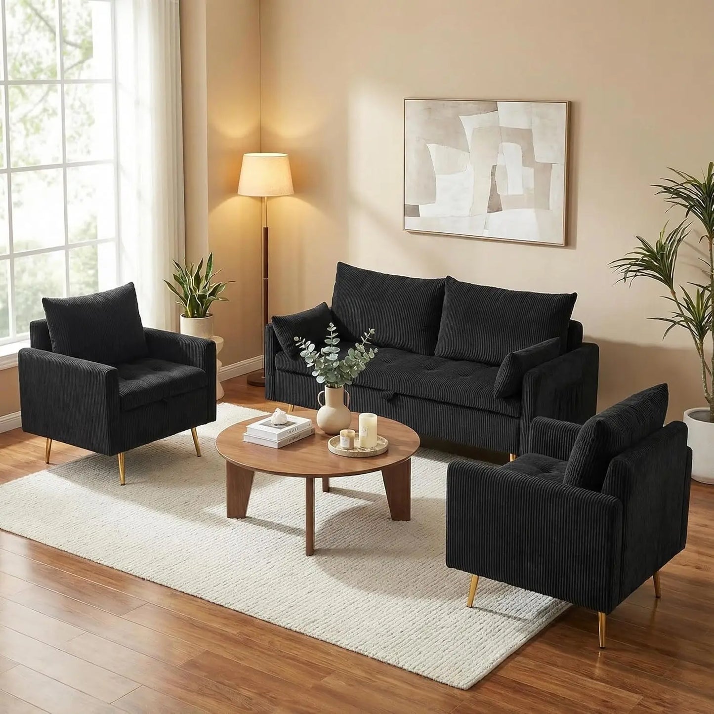 Corduroy 4 Seater Sectional Sofa Set With USB Holder 3PC