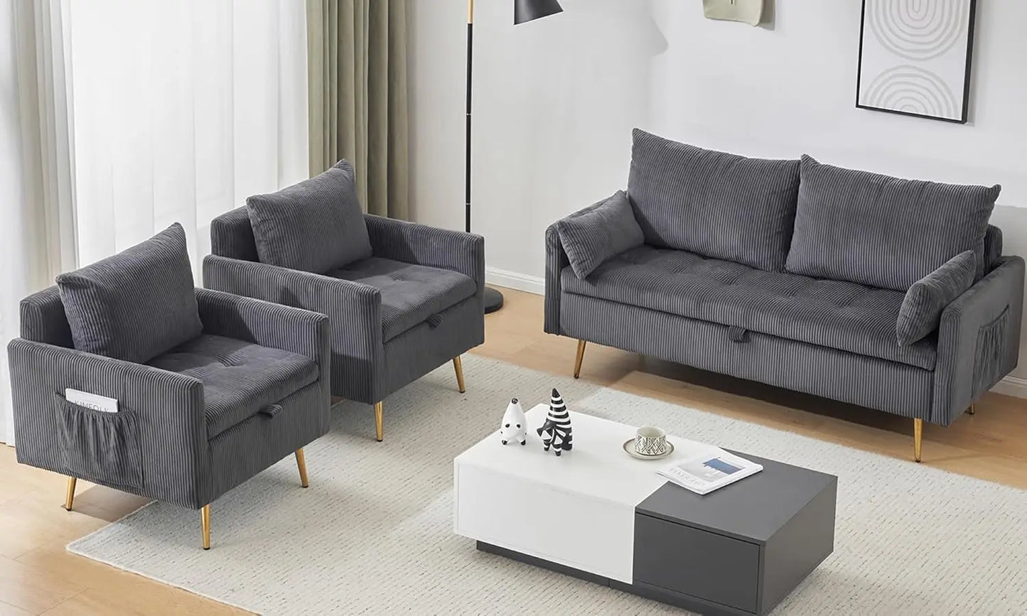 Corduroy 4 Seater Sectional Sofa Set With USB Holder 3PC