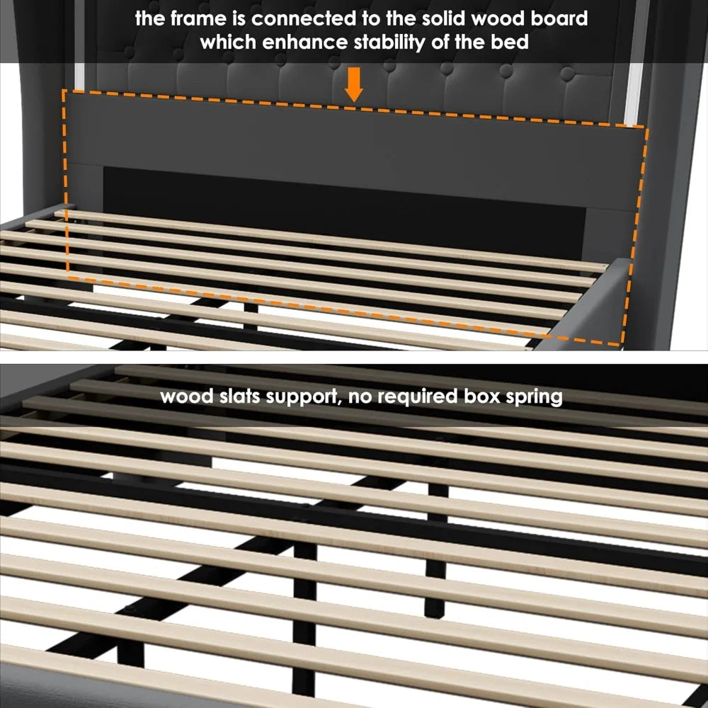 YANYING Velvet LED Headboard Bed Frame With Storage Drawers