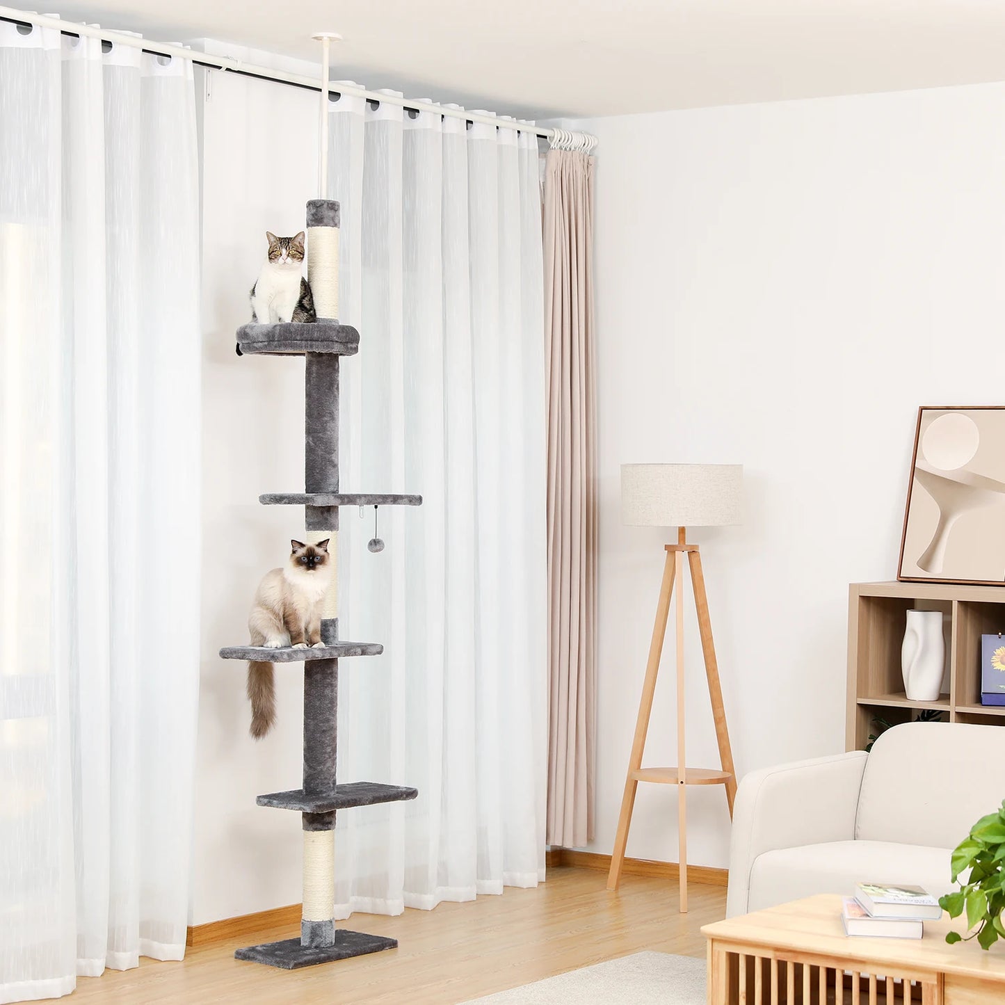 PEQULTICN Adjustable Height Cat Tree FloorCeiling With Scratching Posts