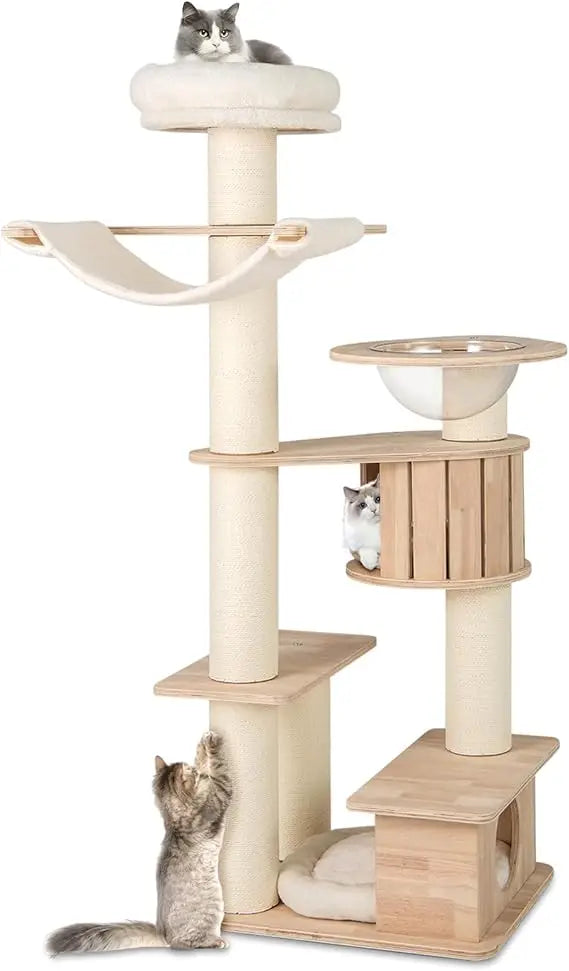 Wooden Cat Tree With Multi Level Towers And Dual Condos