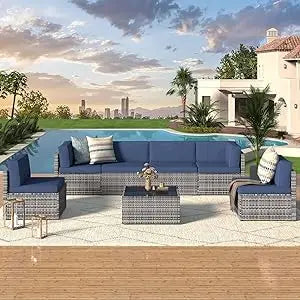 7 Piece Outdoor Patio Furniture Set PE Rattan Wicker With Cushions And Tea Table