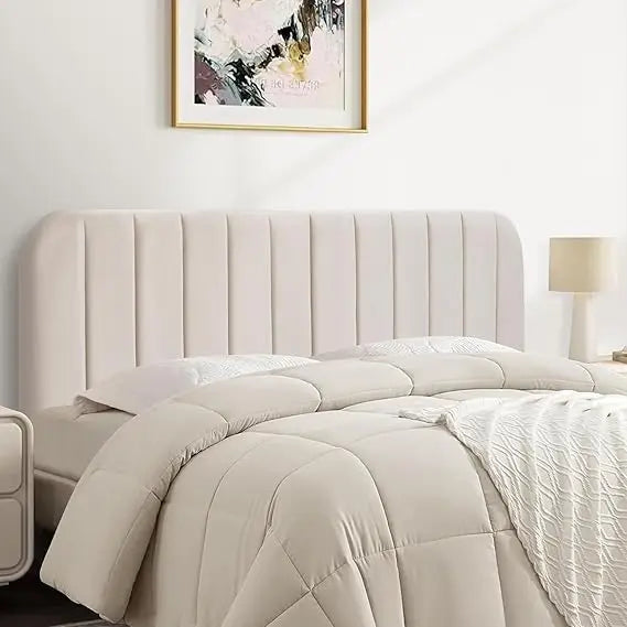Upholstered Striped Headboard Bed Frame With Adjustable Height Metal Legs