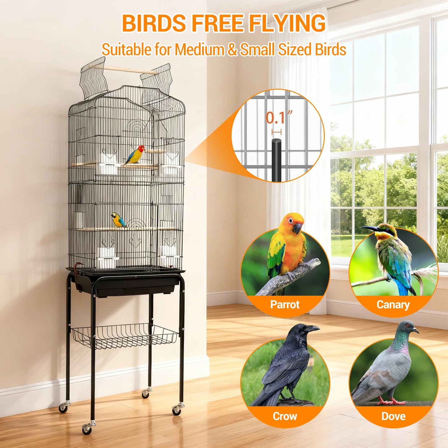 HiMISS Durable Bird Cage With Rooftop Play Stand And Tray