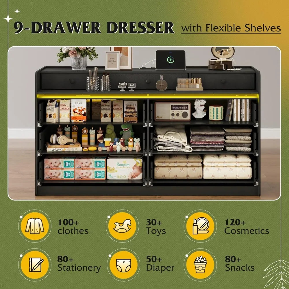 Nine-Drawer LED Dresser With Power Outlets For Bedroom