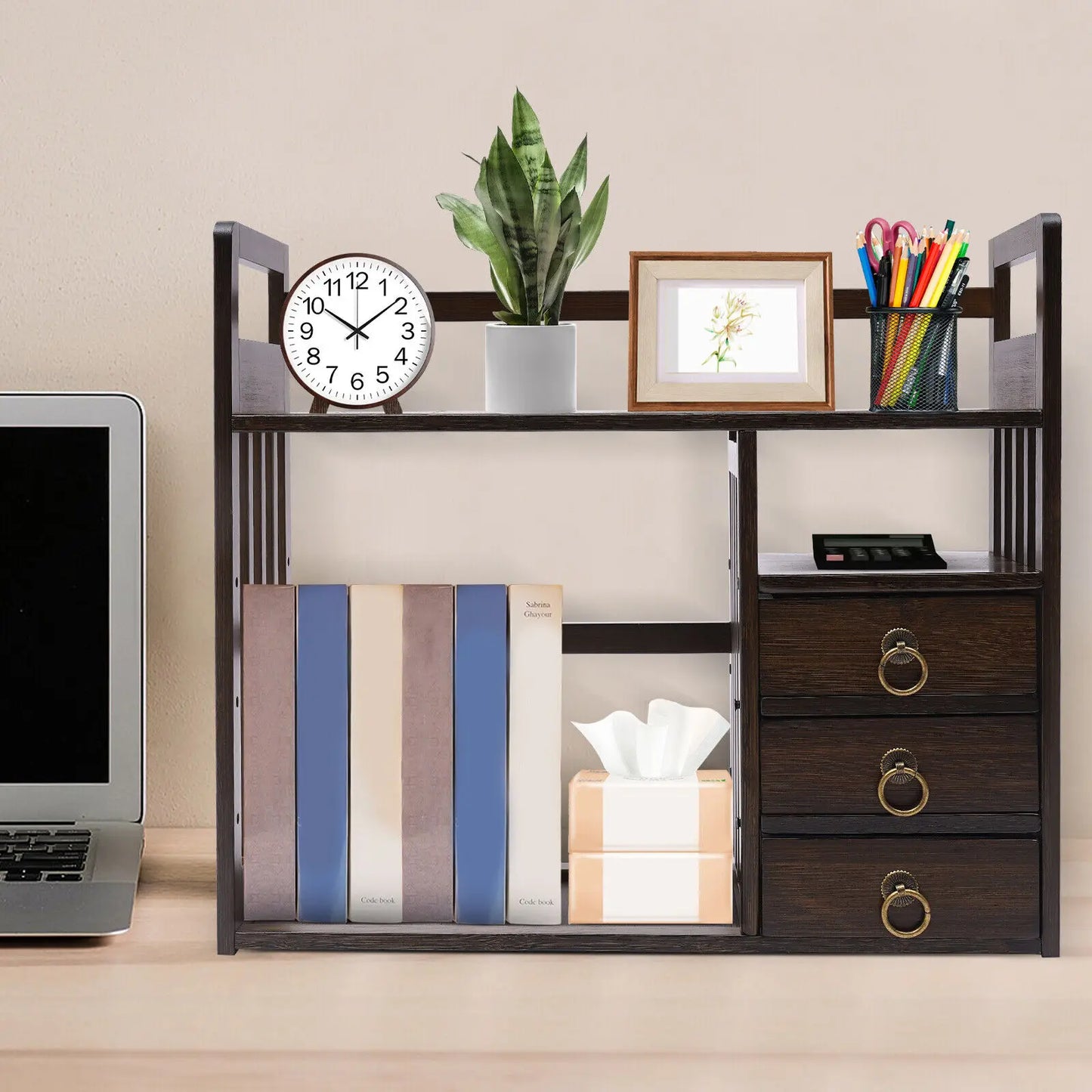 Bymaocar Bamboo Desktop Bookshelf Organizer With 3 Drawers