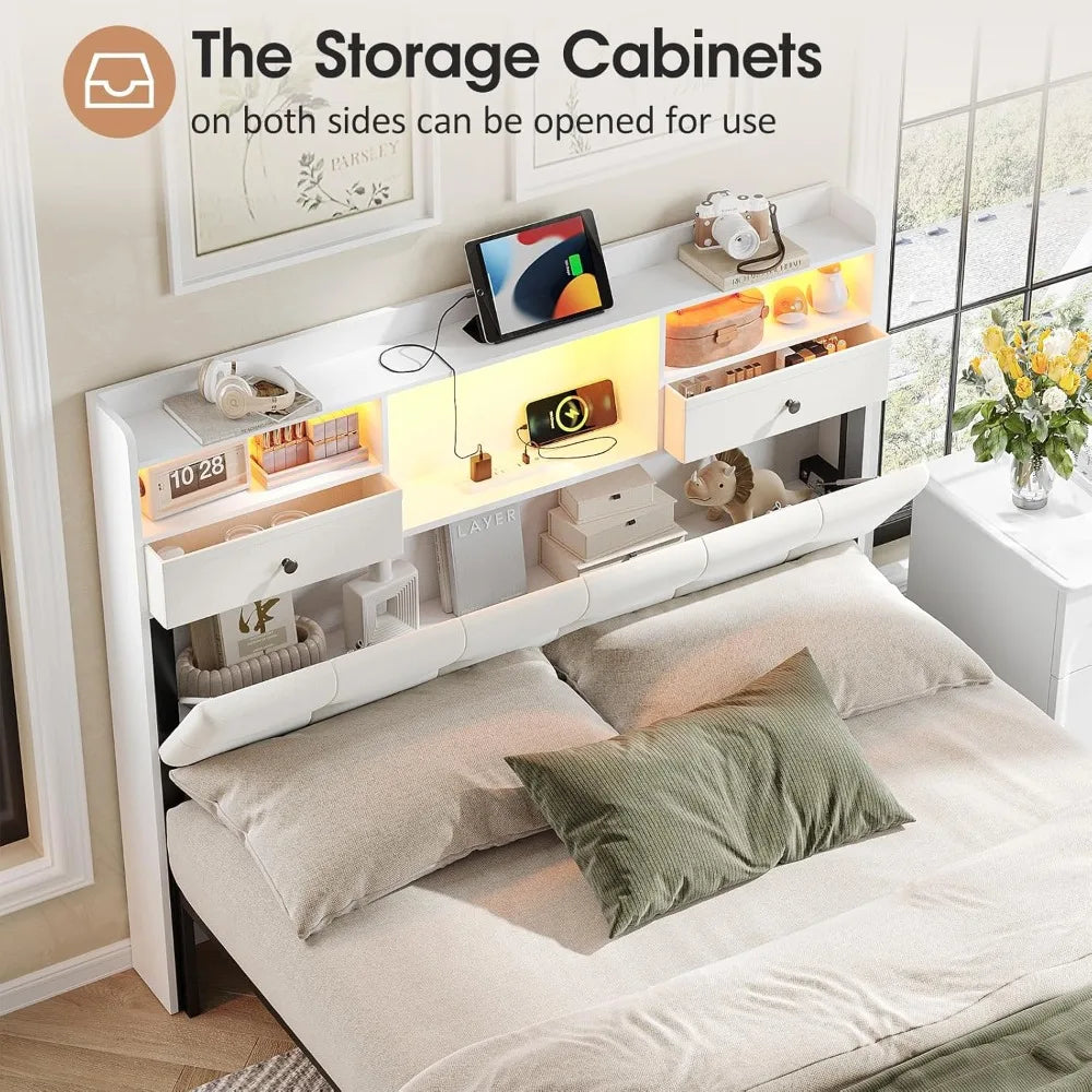 Headboard With Storage And Two Drawers, LED Lights, Upholstered