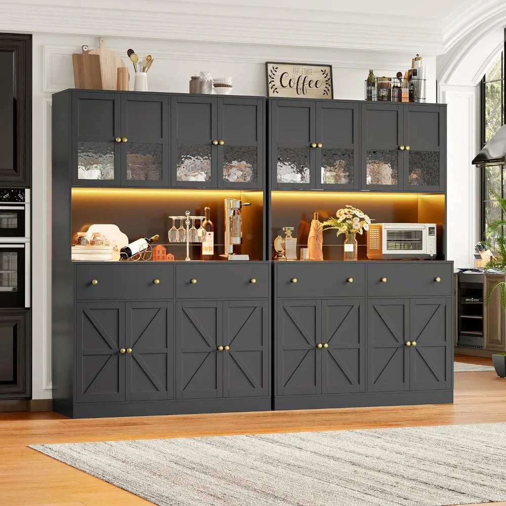 Pantry Cabinet With LED Lighting And Charging Station Microwave Mount